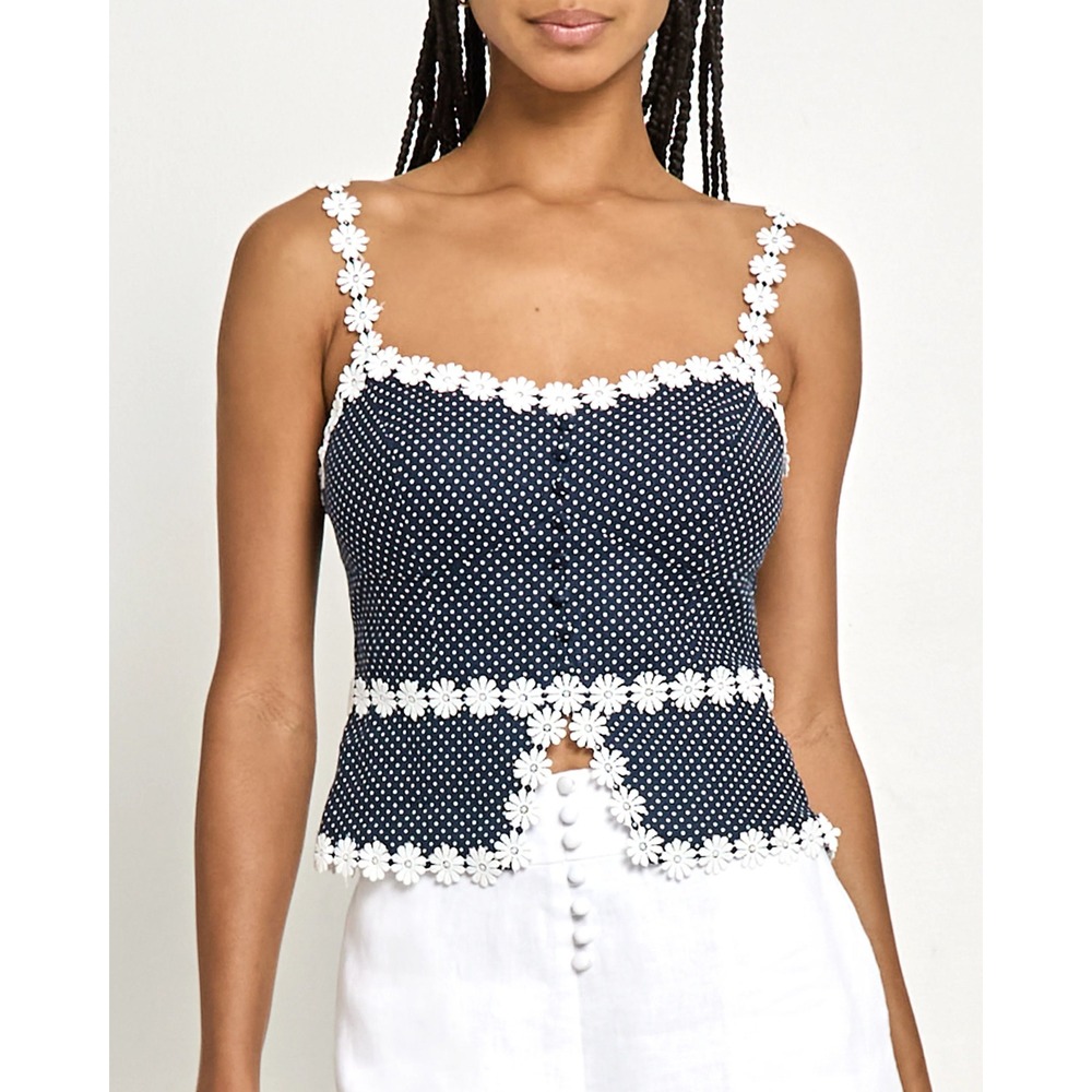 NWT Kourt Cassandra Polka Dot Linen Top in Navy - Size 8‎